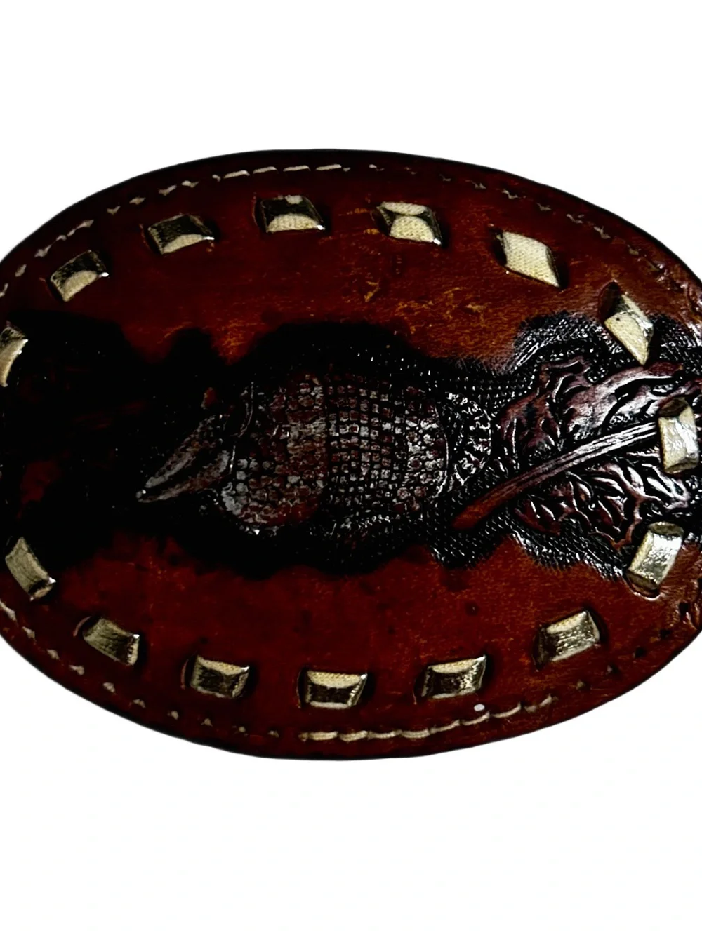 Tony Lama ~ Vintage ~ Brown ~ Armadillo Texas Western Leather Tooled Belt Buckle